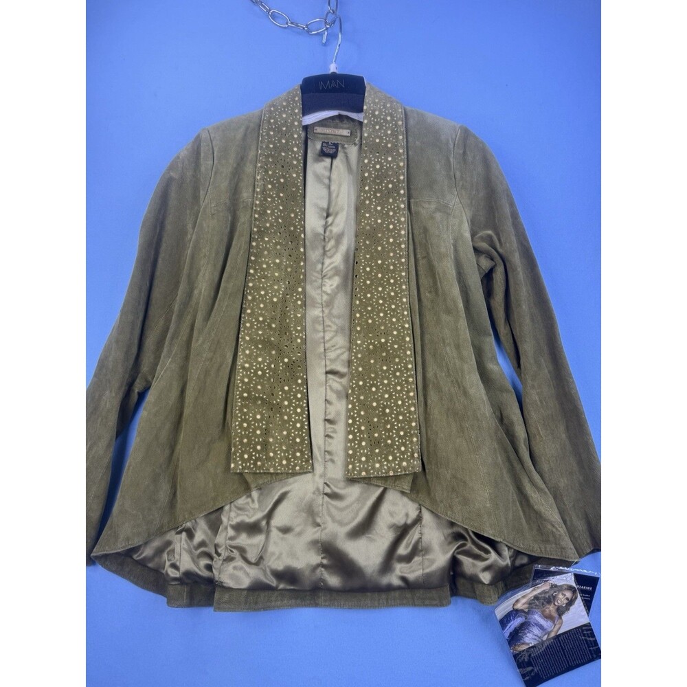IMAN Genuine Suede Leather Waterfall Green Laser Cut Women's Jacket Coat S 1171